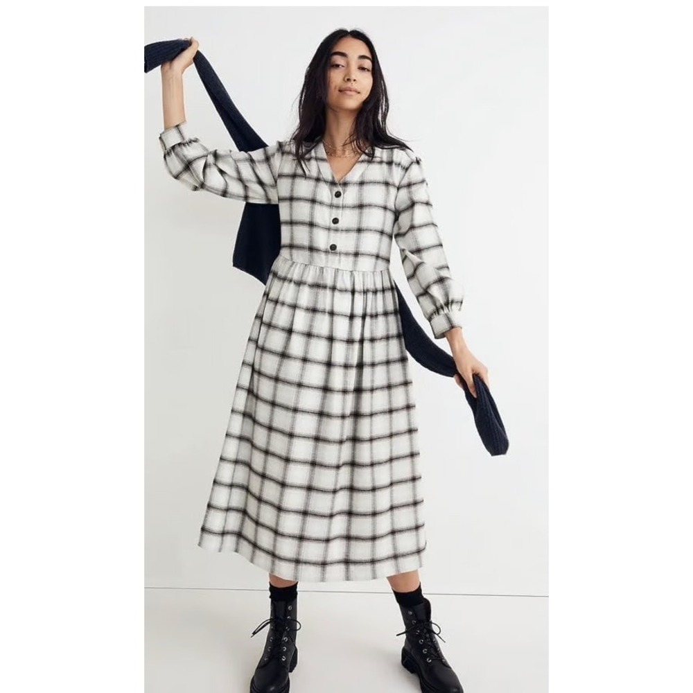 Madewell Plaid Button-Front Empire Waist Midi Dress Cream Black Blue NH065 4